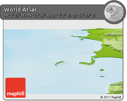 Physical 3D Map of the Area around 78° 13' 29" N, 20° 28' 30" E