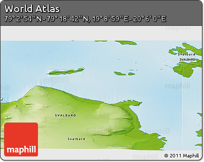 Physical 3D Map of the Area around 79° 10' 48" N, 19° 37' 30" E
