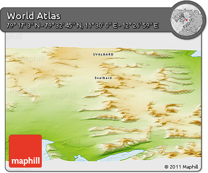 Physical 3D Map of the Area around 79° 24' 54" N, 11° 58' 29" E