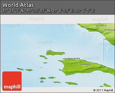 Physical 3D Map of the Area around 79° 24' 54" N, 19° 37' 30" E
