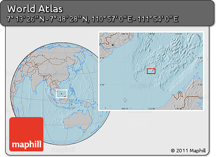 Gray Location Map of the Area around 7° 30' 57" N, 111° 25' 30" E, hill shading