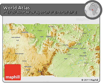 Physical 3D Map of the Area around 7° 30' 57" N, 11° 7' 30" E