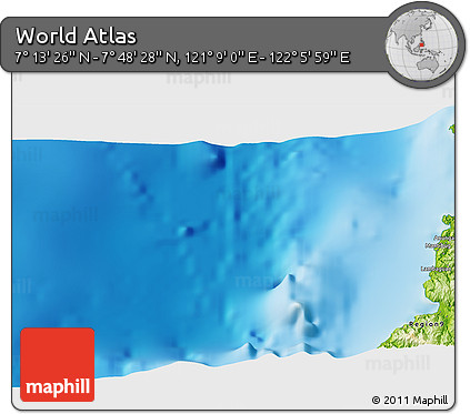 Physical 3D Map of the Area around 7° 30' 57" N, 121° 37' 30" E