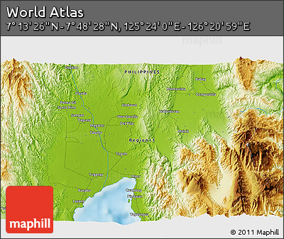 Physical 3D Map of the Area around 7° 30' 57" N, 125° 52' 30" E