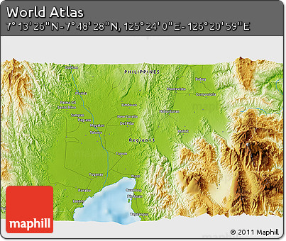 Physical 3D Map of the Area around 7° 30' 57" N, 125° 52' 30" E