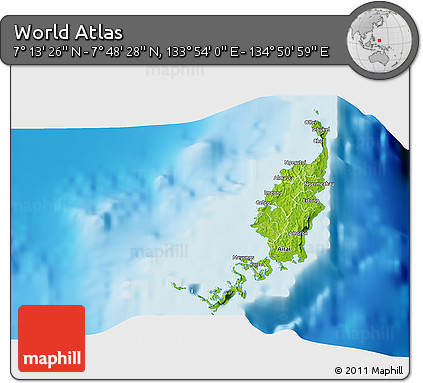 Physical 3D Map of the Area around 7° 30' 57" N, 134° 22' 30" E