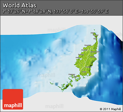 Physical 3D Map of the Area around 7° 30' 57" N, 134° 22' 30" E