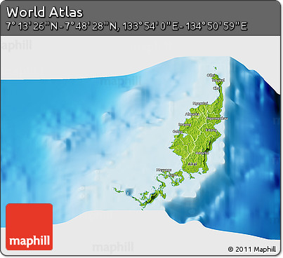 Physical 3D Map of the Area around 7° 30' 57" N, 134° 22' 30" E
