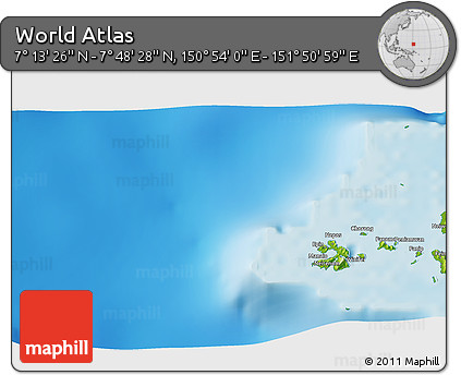 Physical 3D Map of the Area around 7° 30' 57" N, 151° 22' 30" E