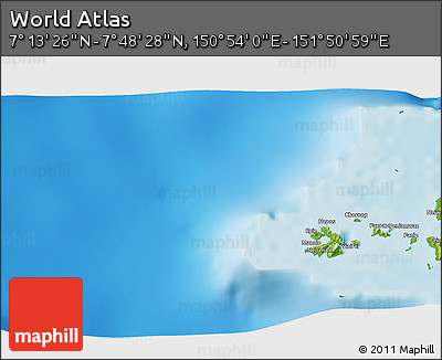 Physical 3D Map of the Area around 7° 30' 57" N, 151° 22' 30" E