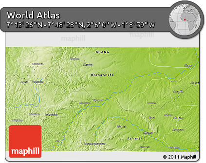 Physical 3D Map of the Area around 7° 30' 57" N, 1° 37' 30" W