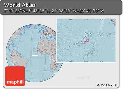Gray Location Map of the Area around 7° 30' 57" N, 21° 10' 29" W, hill shading