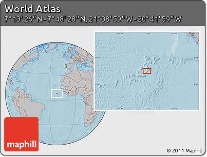 Gray Location Map of the Area around 7° 30' 57" N, 21° 10' 29" W, hill shading