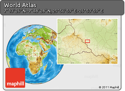 Physical Location Map of the Area around 7° 30' 57" N, 26° 25' 29" E