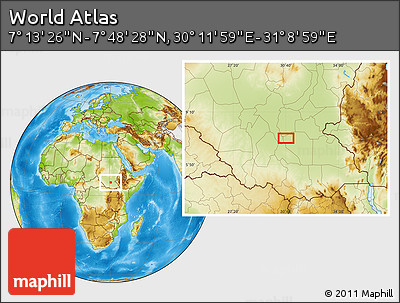 Physical Location Map of the Area around 7° 30' 57" N, 30° 40' 29" E