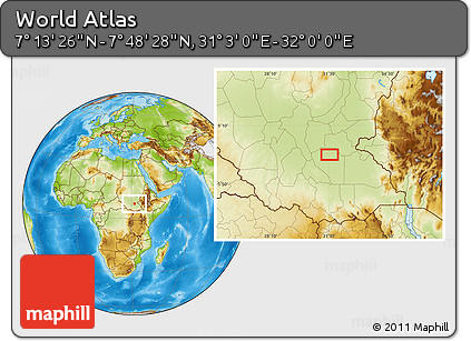 Physical Location Map of the Area around 7° 30' 57" N, 31° 31' 29" E