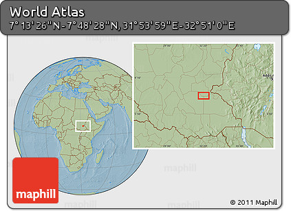 Savanna Style Location Map of the Area around 7° 30' 57" N, 32° 22' 30" E, hill shading