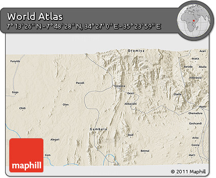 Shaded Relief 3D Map of the Area around 7° 30' 57" N, 34° 55' 29" E