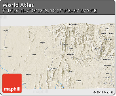 Shaded Relief 3D Map of the Area around 7° 30' 57" N, 34° 55' 29" E