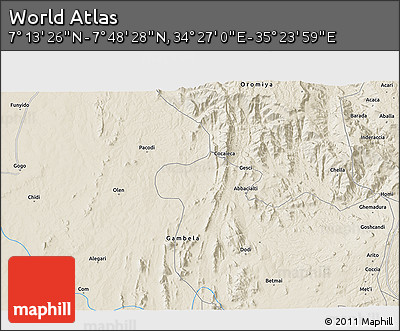 Shaded Relief 3D Map of the Area around 7° 30' 57" N, 34° 55' 29" E