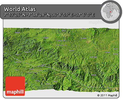 Satellite 3D Map of the Area around 7° 30' 57" N, 36° 37' 30" E