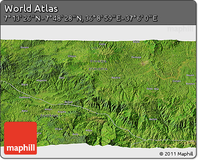 Satellite 3D Map of the Area around 7° 30' 57" N, 36° 37' 30" E