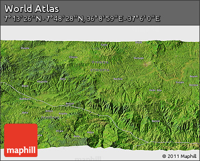 Satellite 3D Map of the Area around 7° 30' 57" N, 36° 37' 30" E