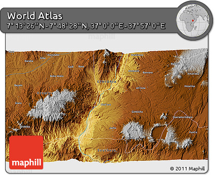 Physical 3D Map of the Area around 7° 30' 57" N, 37° 28' 30" E