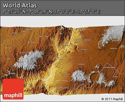 Physical 3D Map of the Area around 7° 30' 57" N, 37° 28' 30" E