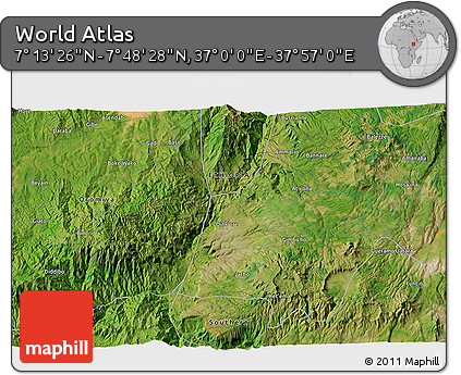 Satellite 3D Map of the Area around 7° 30' 57" N, 37° 28' 30" E