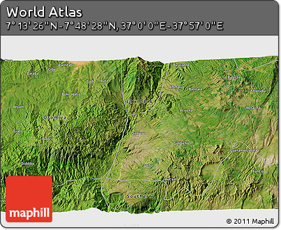 Satellite 3D Map of the Area around 7° 30' 57" N, 37° 28' 30" E