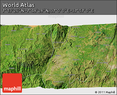 Satellite 3D Map of the Area around 7° 30' 57" N, 37° 28' 30" E