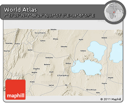 Shaded Relief 3D Map of the Area around 7° 30' 57" N, 38° 19' 30" E
