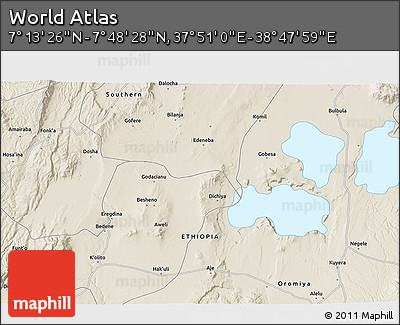 Shaded Relief 3D Map of the Area around 7° 30' 57" N, 38° 19' 30" E