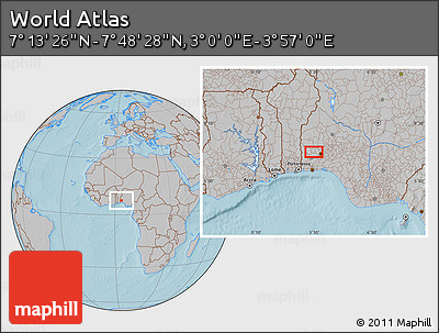 Gray Location Map of the Area around 7° 30' 57" N, 3° 28' 30" E, hill shading
