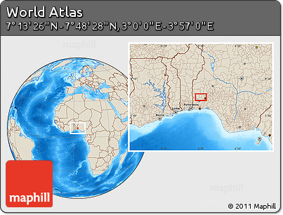 Shaded Relief Location Map of the Area around 7° 30' 57" N, 3° 28' 30" E
