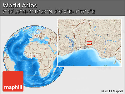 Shaded Relief Location Map of the Area around 7° 30' 57" N, 3° 28' 30" E