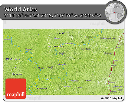 Physical 3D Map of the Area around 7° 30' 57" N, 3° 19' 30" W
