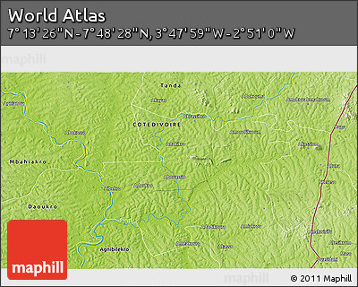 Physical 3D Map of the Area around 7° 30' 57" N, 3° 19' 30" W