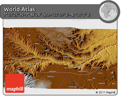 Physical 3D Map of the Area around 7° 30' 57" N, 40° 1' 29" E