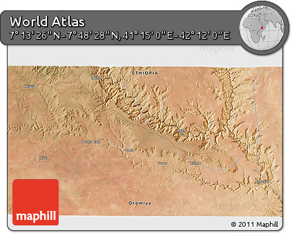 Satellite 3D Map of the Area around 7° 30' 57" N, 41° 43' 30" E