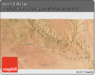 Satellite 3D Map of the Area around 7° 30' 57" N, 41° 43' 30" E