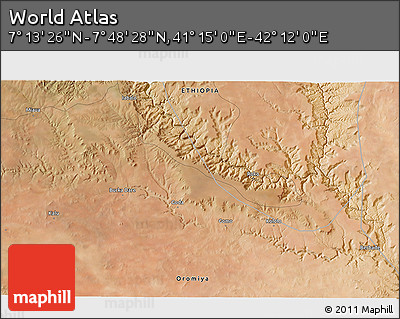 Satellite 3D Map of the Area around 7° 30' 57" N, 41° 43' 30" E