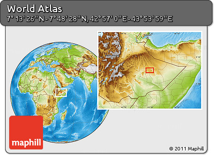 Physical Location Map of the Area around 7° 30' 57" N, 43° 25' 29" E