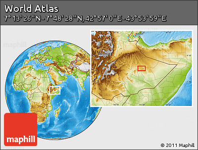 Physical Location Map of the Area around 7° 30' 57" N, 43° 25' 29" E