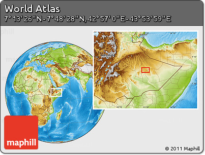 Physical Location Map of the Area around 7° 30' 57" N, 43° 25' 29" E