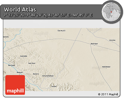 Shaded Relief 3D Map of the Area around 7° 30' 57" N, 44° 16' 29" E