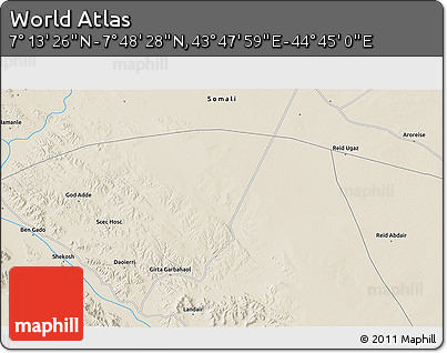 Shaded Relief 3D Map of the Area around 7° 30' 57" N, 44° 16' 29" E