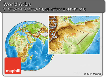 Physical Location Map of the Area around 7° 30' 57" N, 44° 16' 29" E