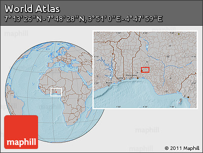 Gray Location Map of the Area around 7° 30' 57" N, 4° 19' 30" E, hill shading